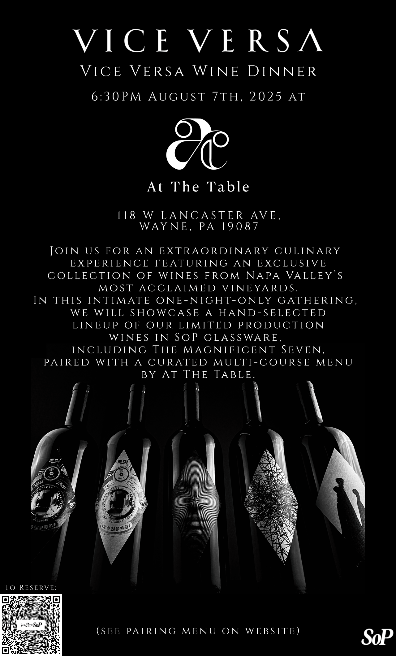 Promotional poster for Vice Versa Wine Dinner with wine bottles and event details.