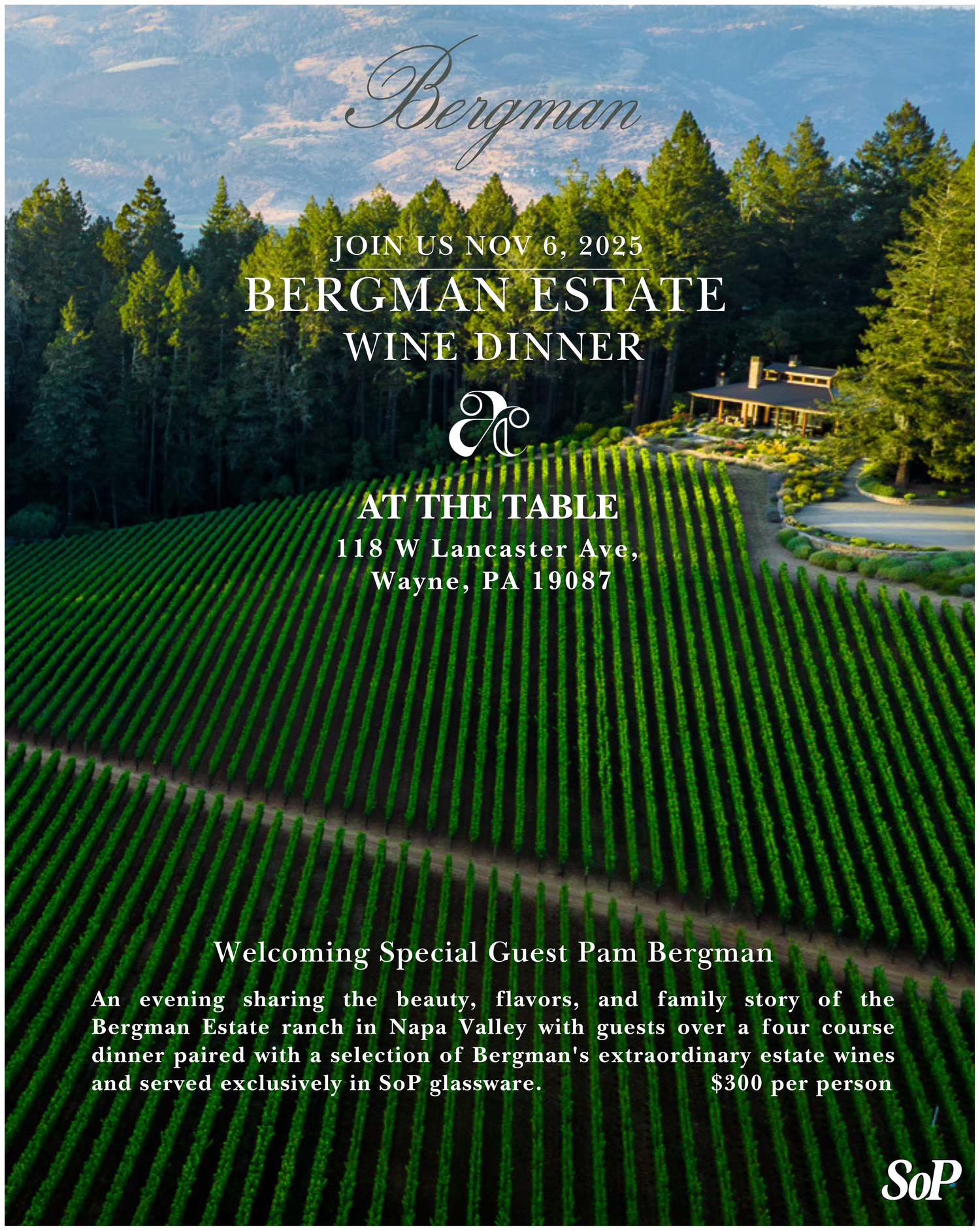 Advertisement for Bergman Estate Wine Dinner with vineyard and forest background